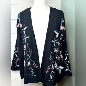 Ruff Hewn Grey Kimono Jacket – Black Embroidered Floral Bird – XL